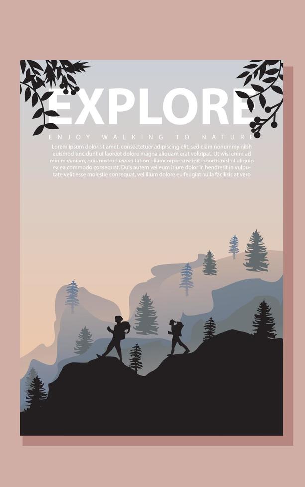 conjunto de tarjetas de folleto vectorial. concepto de viaje de descubrir, explorar y observar la naturaleza. senderismo. Turismo de aventura. plantilla de diseño plano de volante, revista, portada de libro, pancarta, invitación, afiche. vector