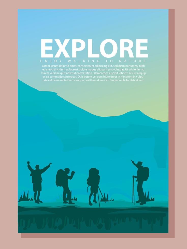 conjunto de tarjetas de folleto vectorial. concepto de viaje de descubrir, explorar y observar la naturaleza. senderismo. Turismo de aventura. plantilla de diseño plano de volante, revista, portada de libro, pancarta, invitación, afiche. vector