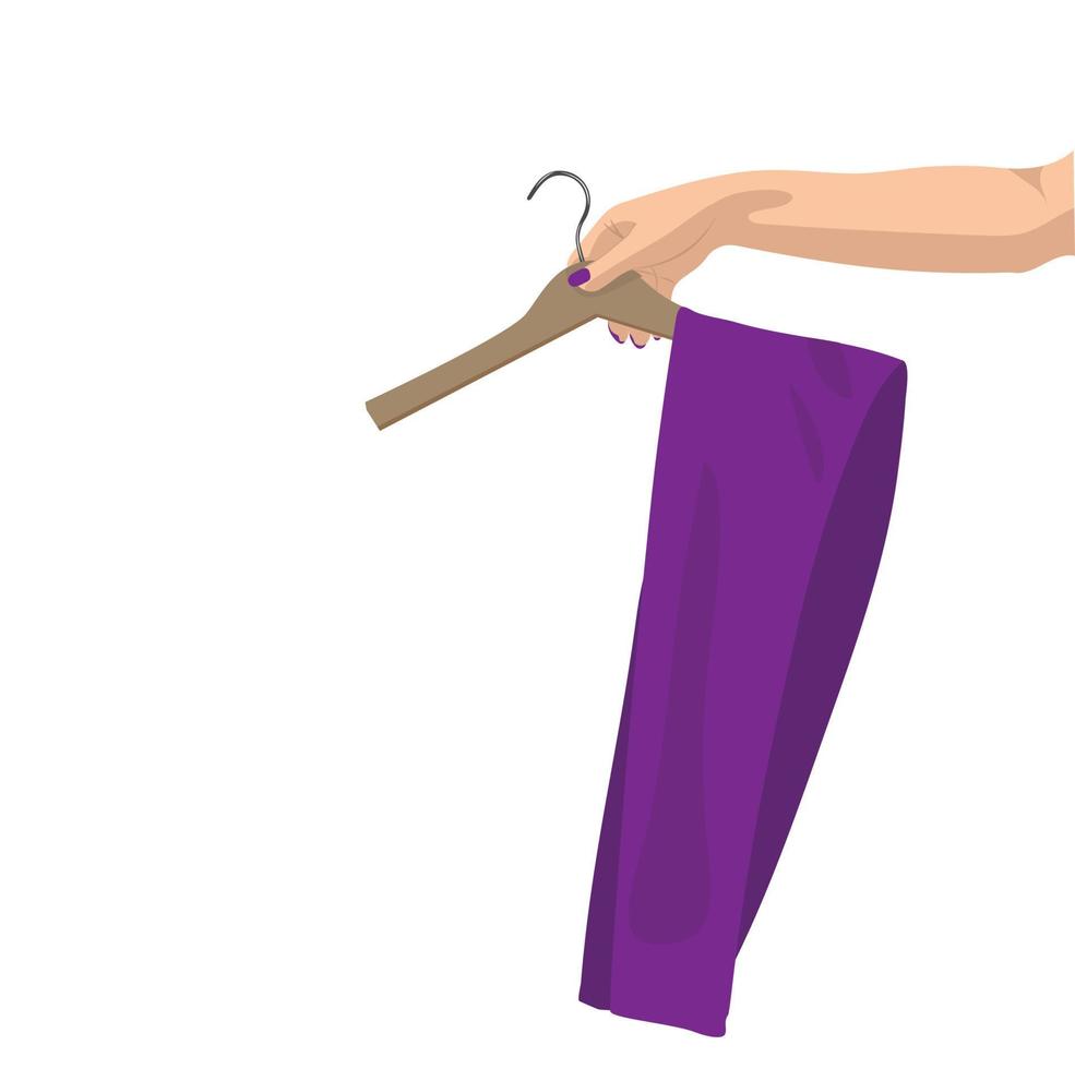 A woman's hand holds pants on a hanger. Vector illustration.