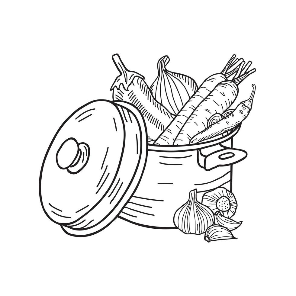 A saucepan with vegetables. Vector illustration in sketch style.