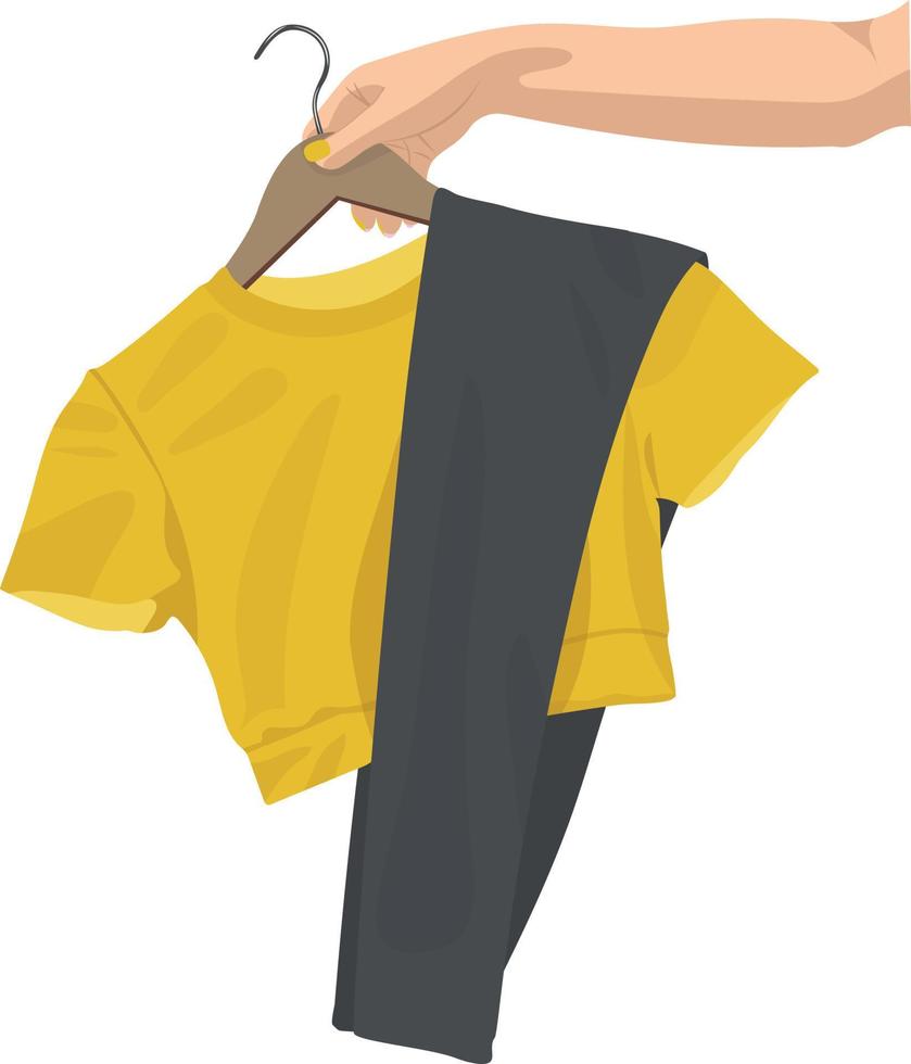 Woman's hand holding clothes on a hanger. vector