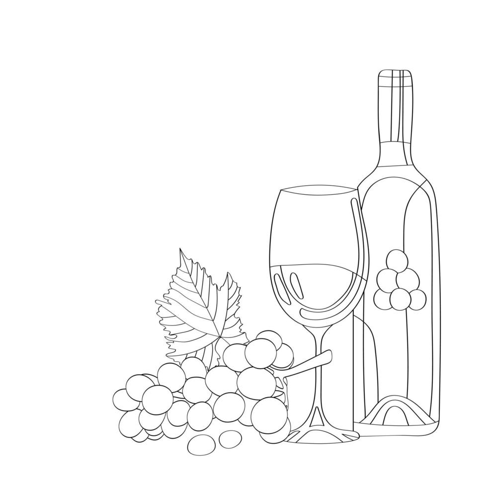 Wine, grapes, leaf. Hand-drawn vector coloring.