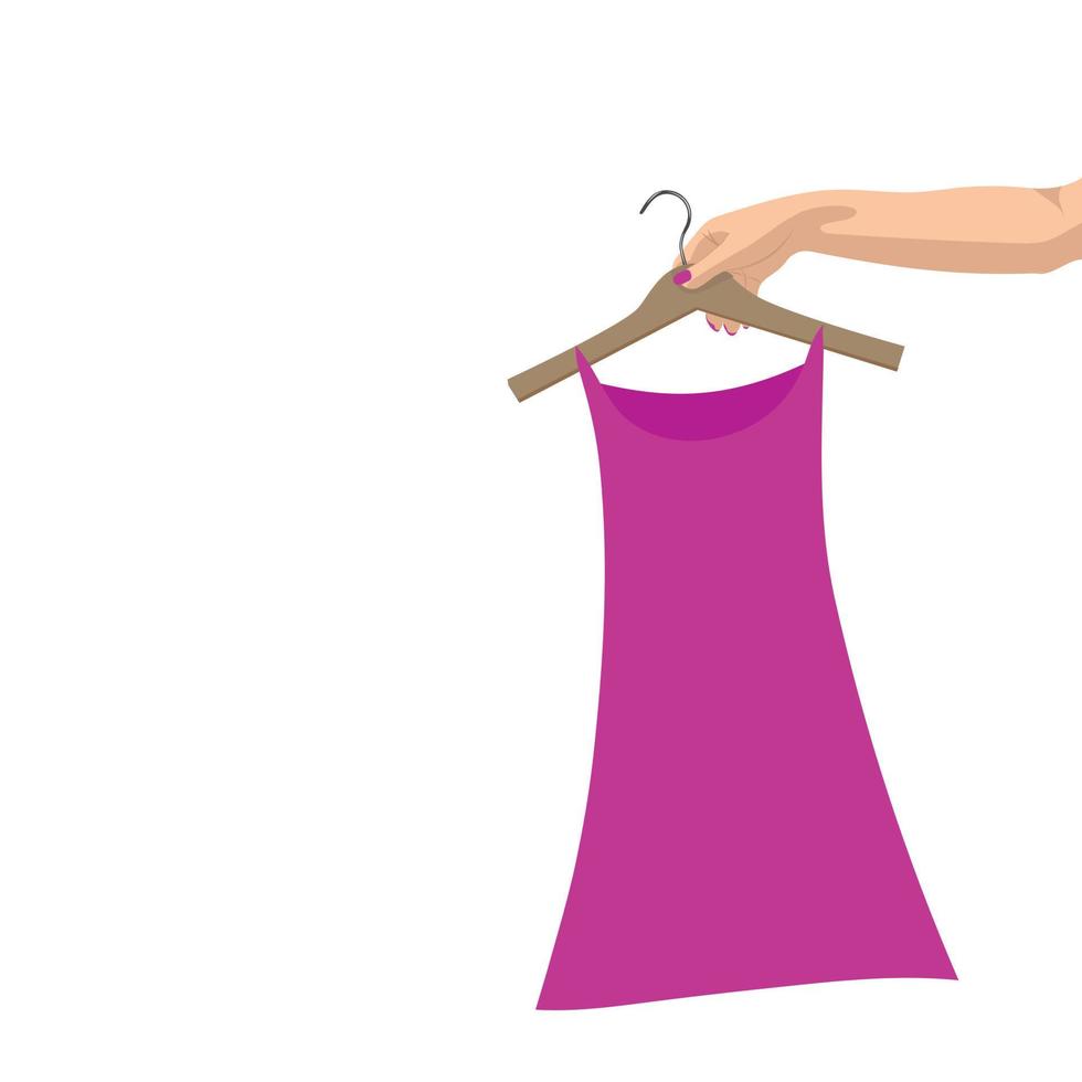 A woman's hand holds a dress on a hanger. vector