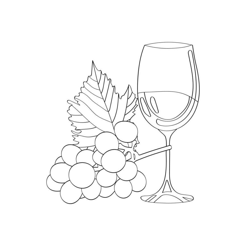 Wine and grapes with a leaf. Hand-drawn vector coloring.