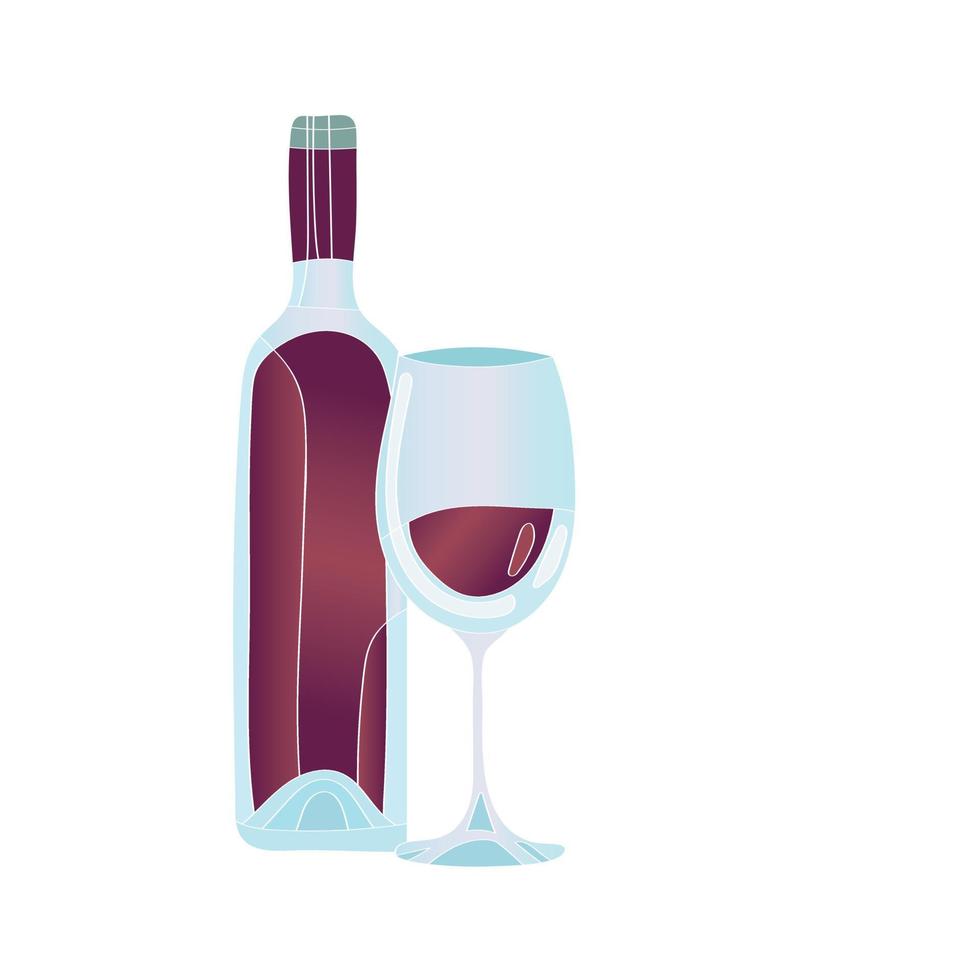 Bottle and glass with grapes. Vector illustration.