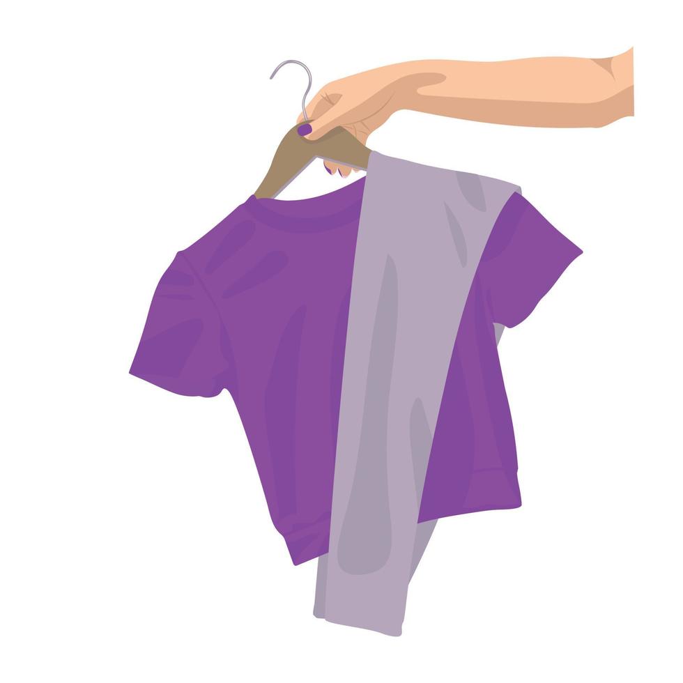 mano de mujer sosteniendo ropa en una percha. ilustración vectorial en estilo boceto. vector