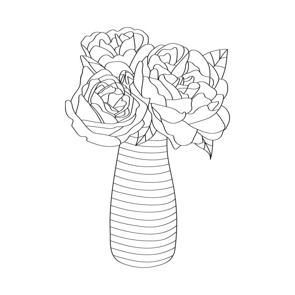 Flowers in a vase. Hand-drawn vector coloring in sketch style.