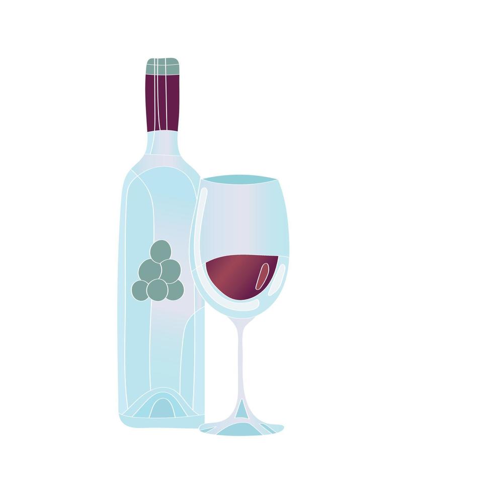 Bottle and glass with grapes. Vector illustration.