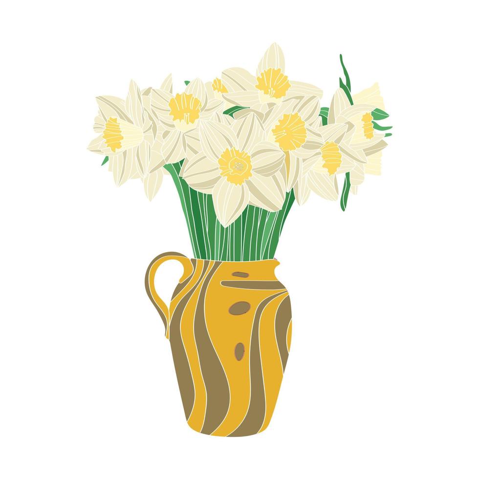 Narciso en un jarrón. ilustración vectorial aislada sobre fondo blanco en estilo plano. vector