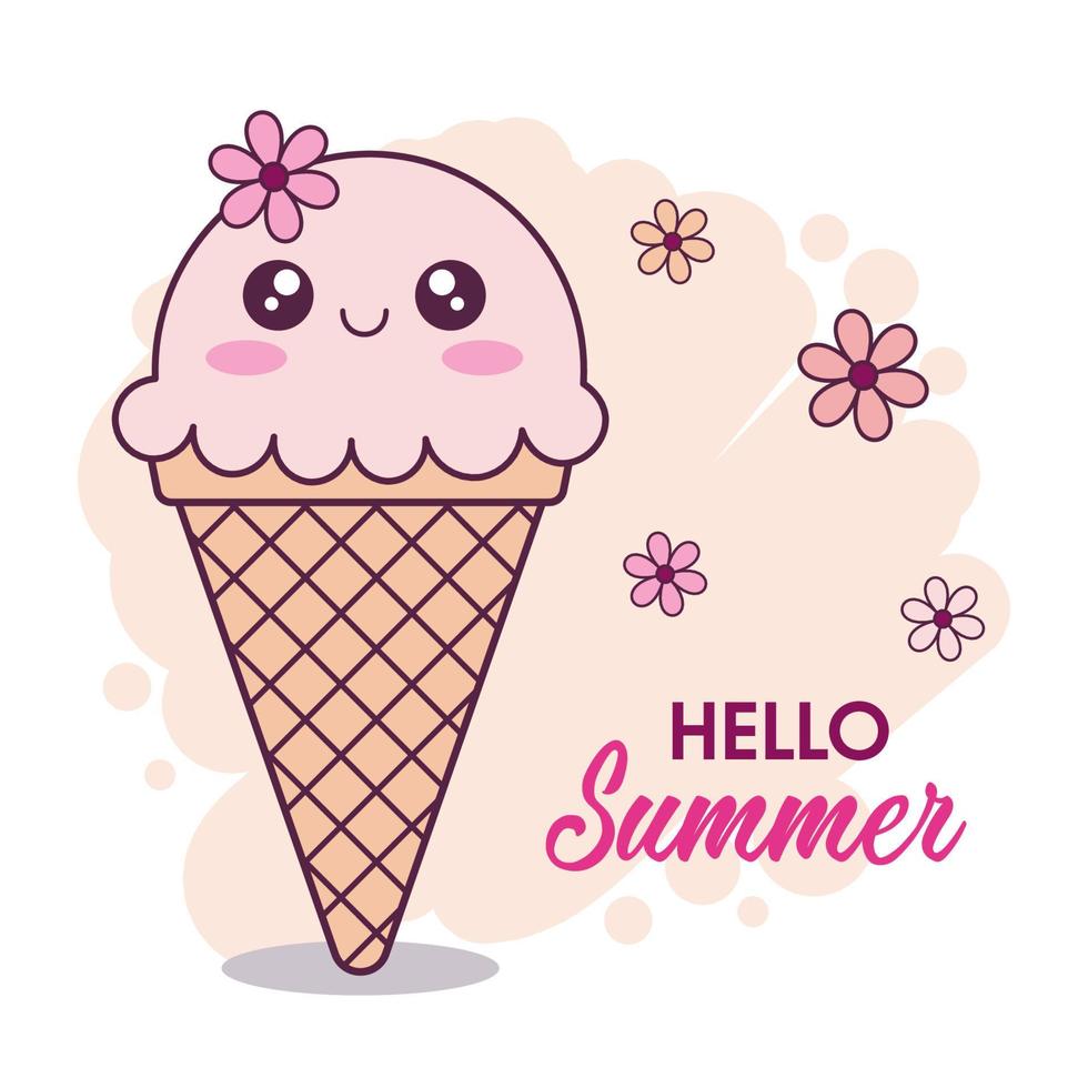 Hello summer hand drawn card. Cute cartoon kawaii ice cream cone character with flowers on a beige background. vector