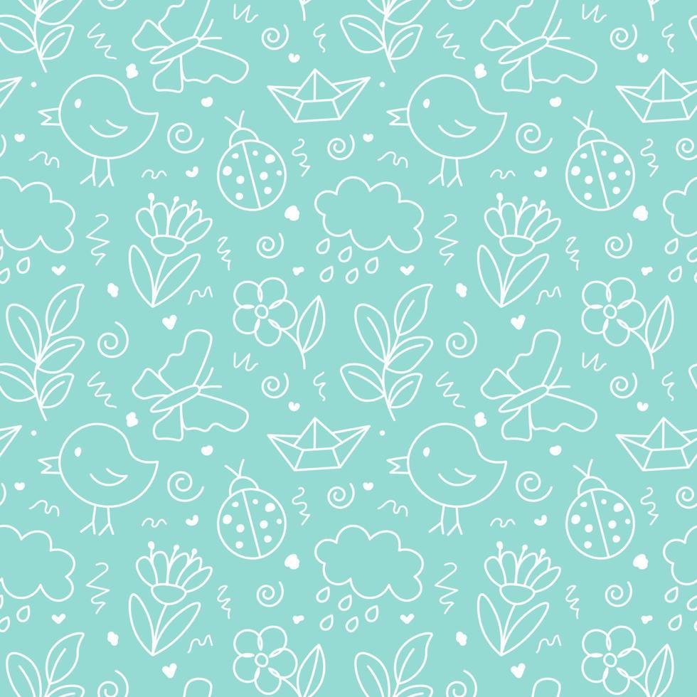 Hand drawn spring doodle seamless pattern. Cartoon cute background for kids textile, children room, baby shower, nursery decoration. vector