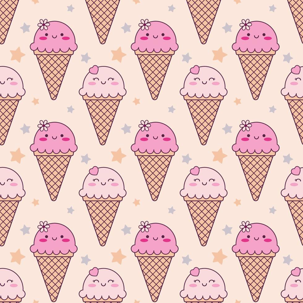 Cute kawaii cono de helado de patrones sin fisuras. personaje dibujado a mano con estrellas en un fondo beige para textiles infantiles, habitación infantil, ducha de bebé, decoración de guardería. vector