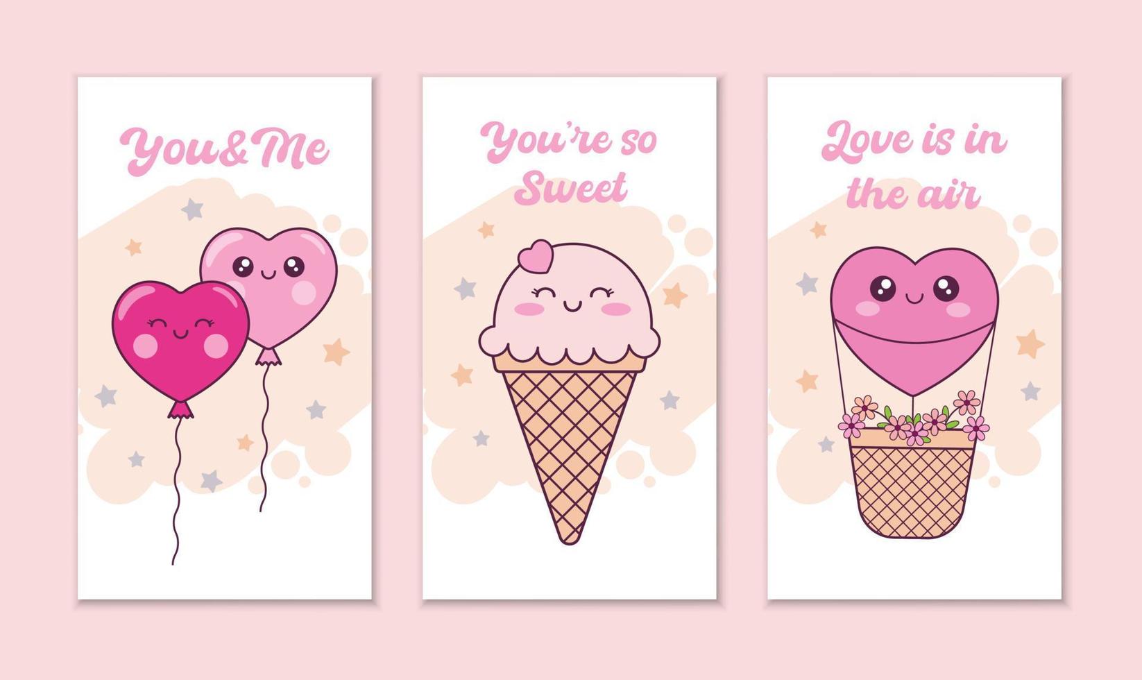 Hand drawn Valentines day social media stories set. Vertical banners with cute kawaii characters in cartoon style. Love, romantic concept. vector