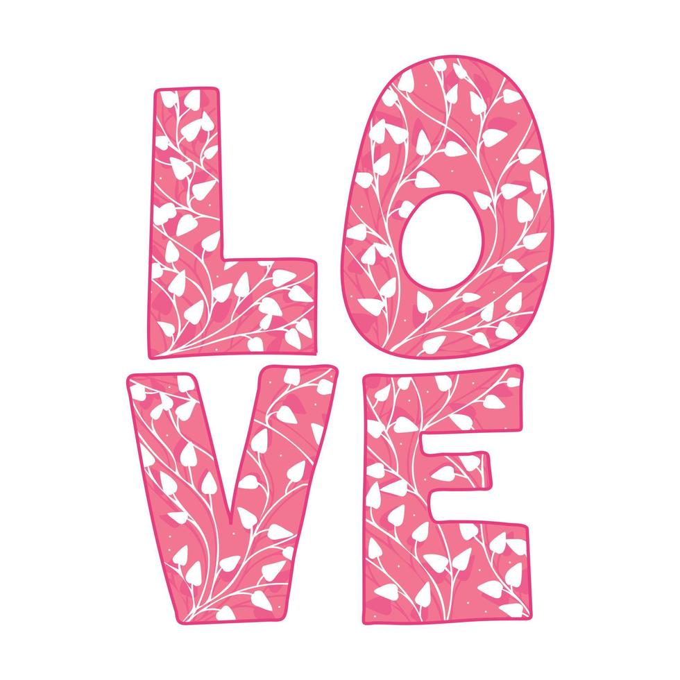 Vector drawing of love with plants. Pink letters painted with plants in folk modern style for banner or postcard design.