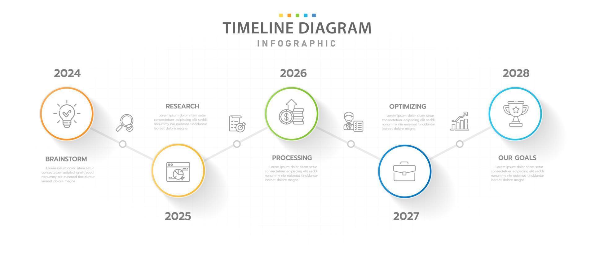 plantilla infográfica para negocios. Hoja de ruta del diagrama de la línea de tiempo moderna de 5 pasos con temas circulares, infografía vectorial de presentación. vector