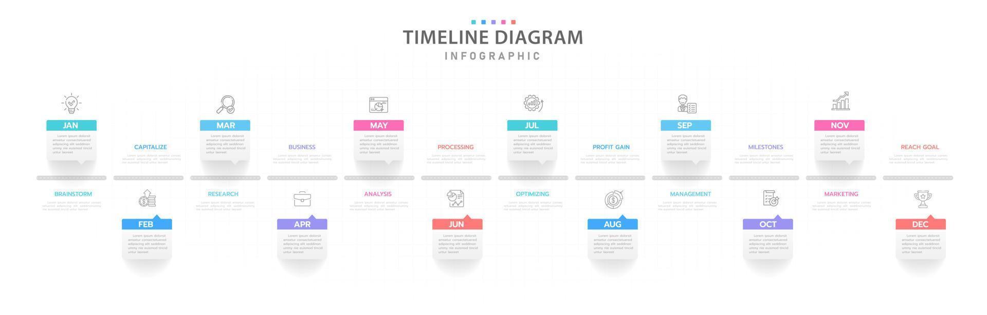 plantilla infográfica para negocios. Calendario de diagrama de línea de tiempo moderno de 12 meses, infografía vectorial de presentación. vector