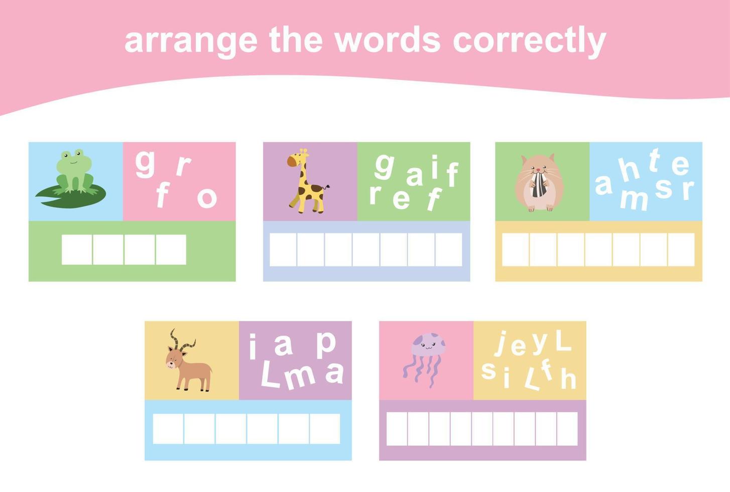 Arrange the words correctly. Worksheet for preschool. Writing practice. Vector file.