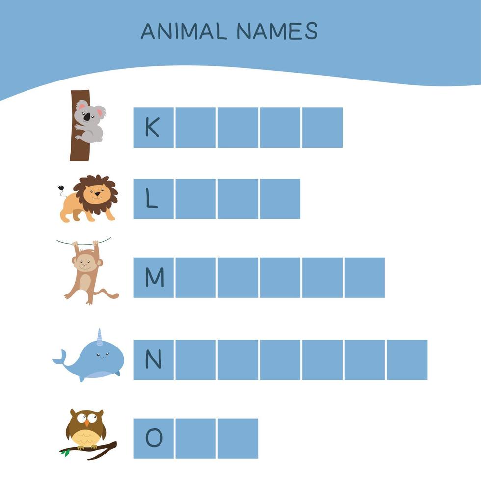 Animal name worksheet. Worksheet for preschool. Writing practice. Vector file.