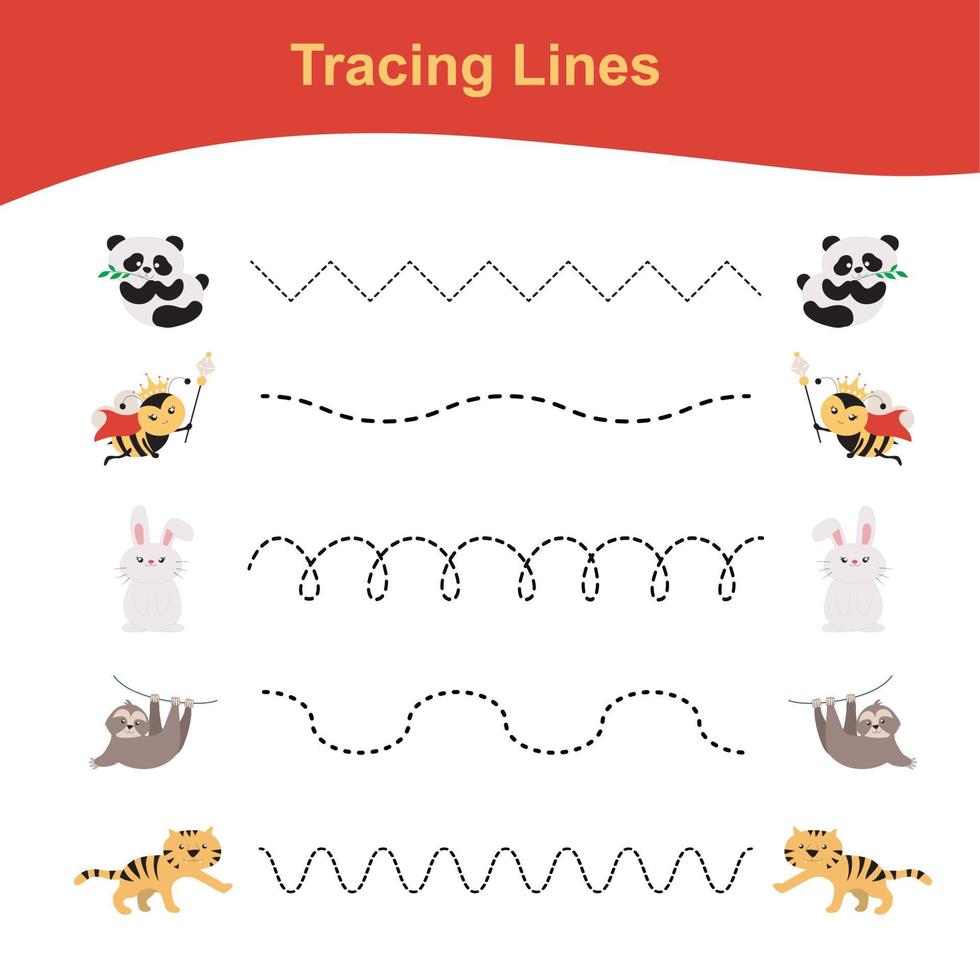 Tracing Lines Game Animals Edition. Educational worksheet. Worksheet activity for preschool kids. Preschool Education. Vector illustration.