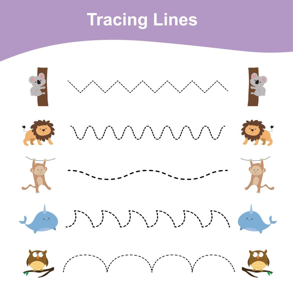 Tracing Lines Game Animals Edition. Educational worksheet. Worksheet activity for preschool kids. Preschool Education. Vector illustration.