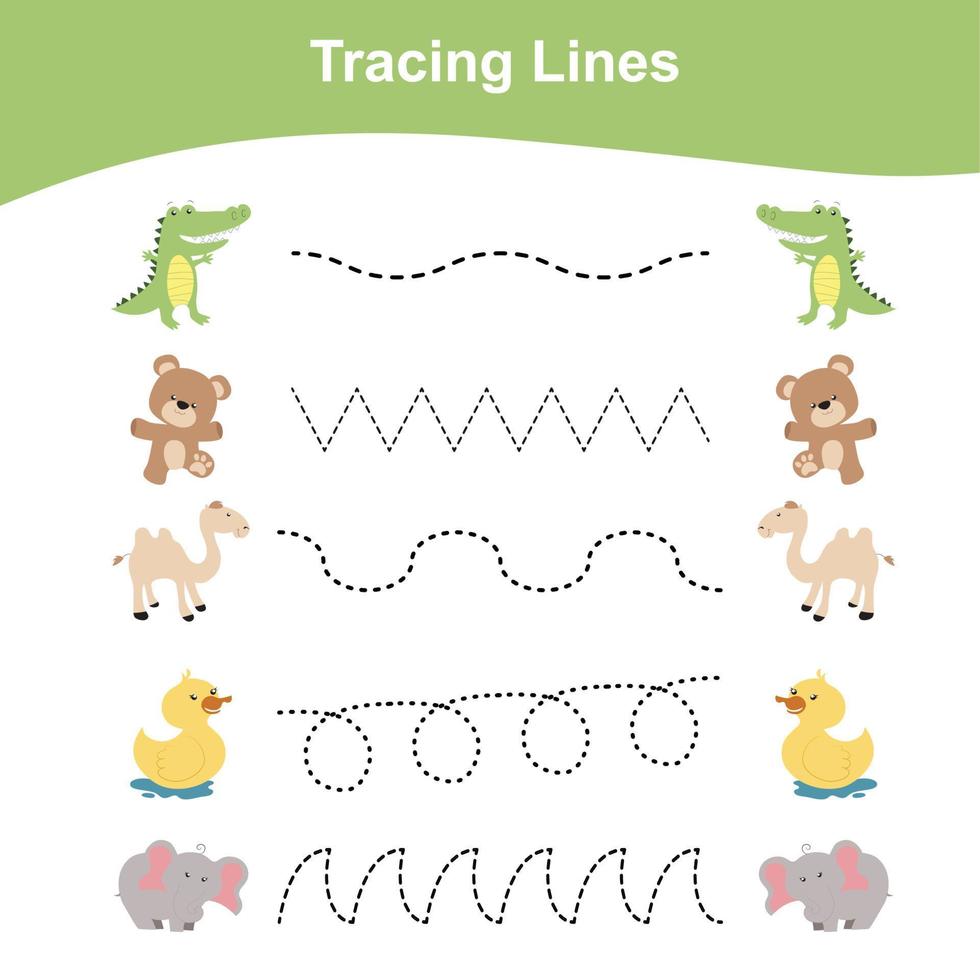 Tracing Lines Game Animals Edition. Educational worksheet. Worksheet activity for preschool kids. Preschool Education. Vector illustration.