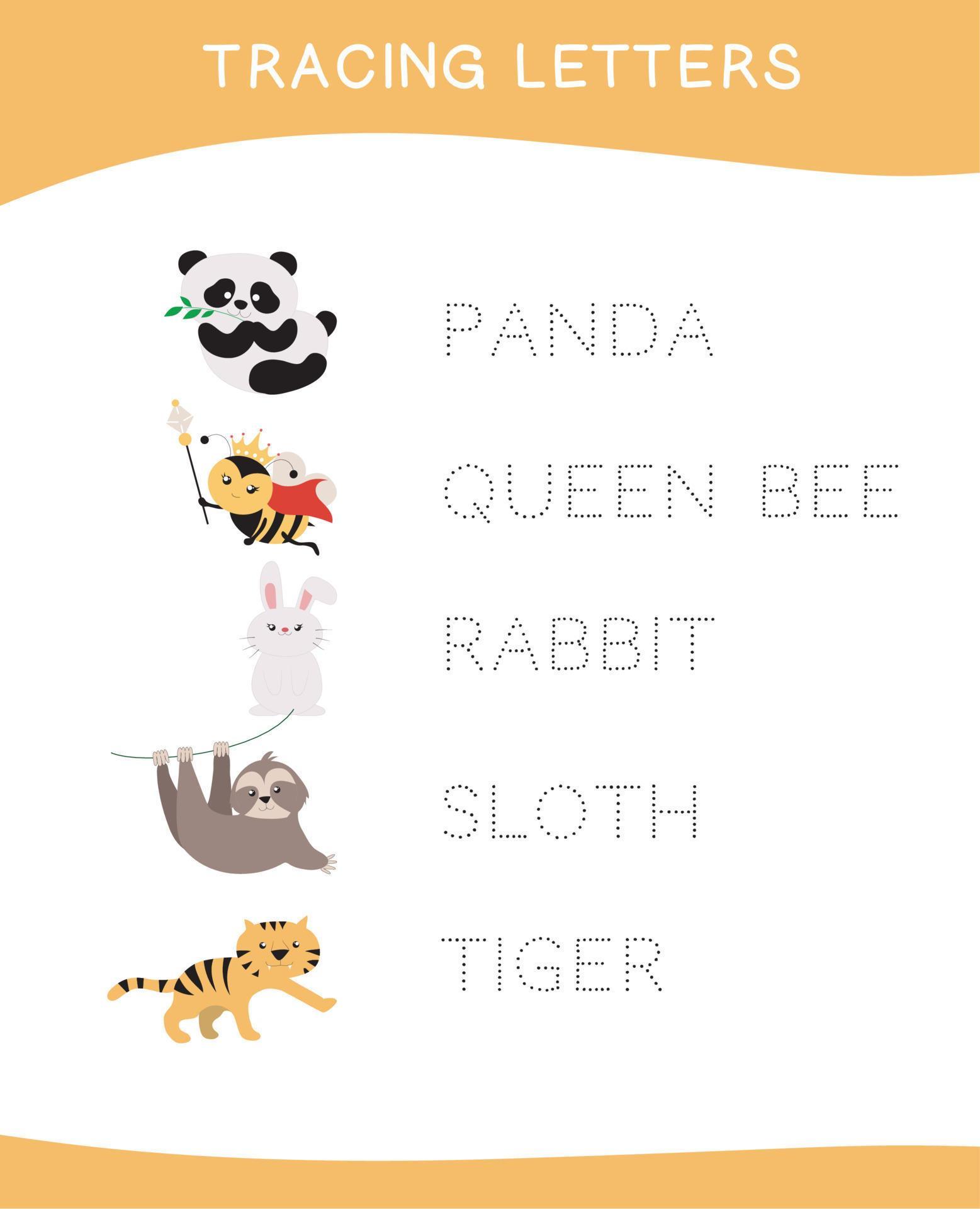 Tracing letters. Tracing names of animal names worksheet. Writing