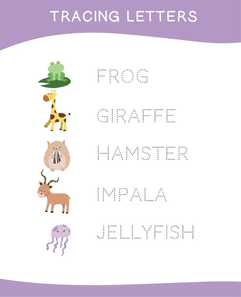 Tracing letters. Tracing names of animal names worksheet. Writing