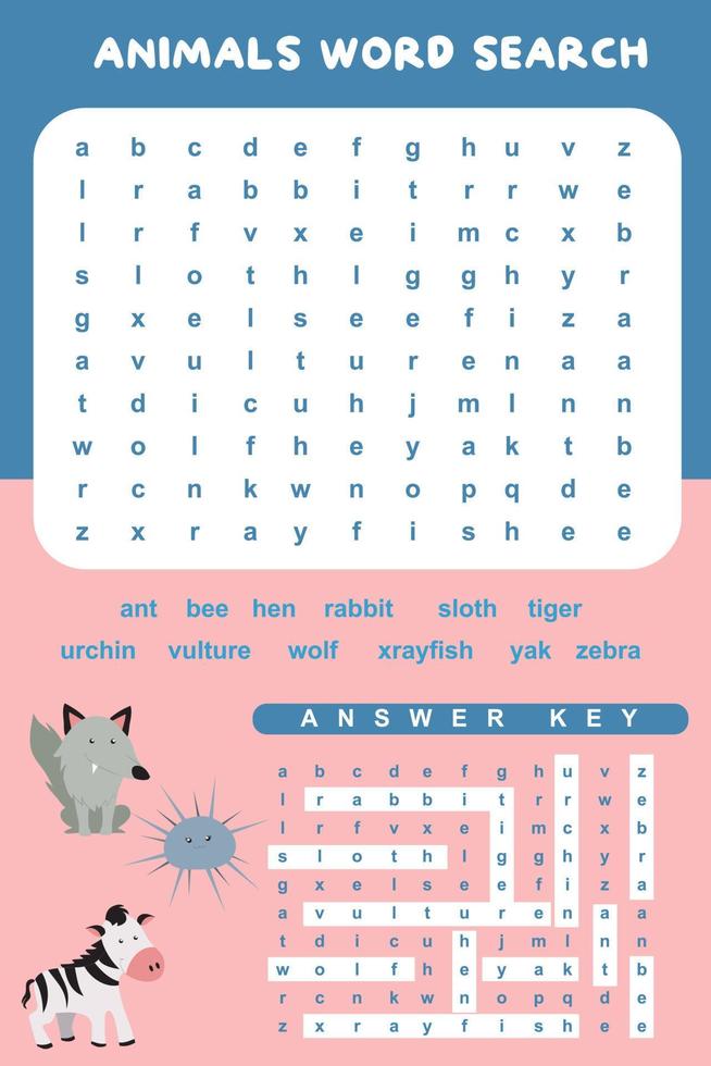 Animals Word Search worksheet. Educational worksheet for preschool. Vector illustration file.
