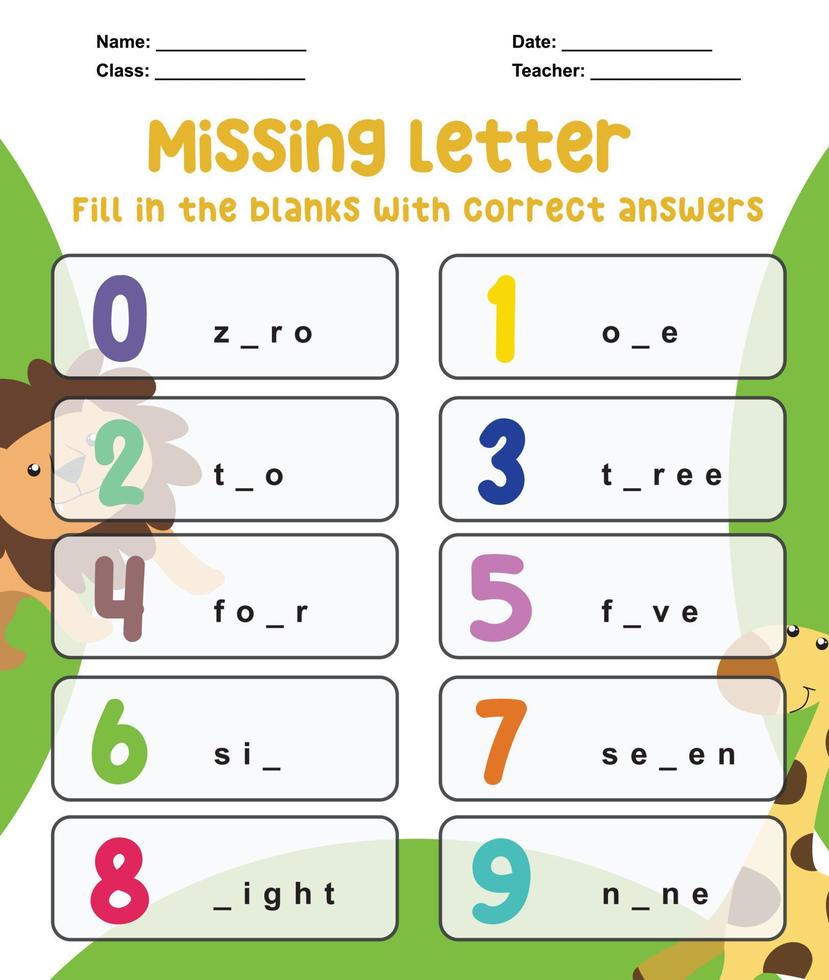 hoja de trabajo de letras faltantes. completar las letras para numero