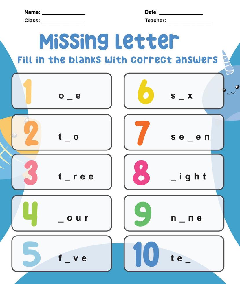 Missing letter worksheet. Complete the letters for number in English. Kids educational game. Printable worksheet for preschool. Writing practice. Vector file.