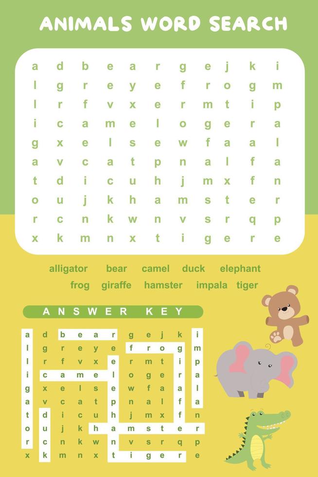 Animals Word Search worksheet. Educational worksheet for preschool. Vector illustration file.