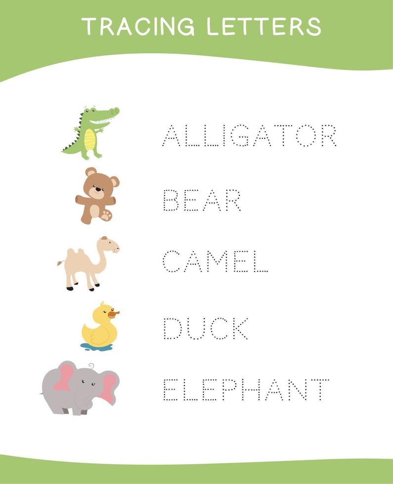 Tracing letters. Tracing names of animal names worksheet. Writing