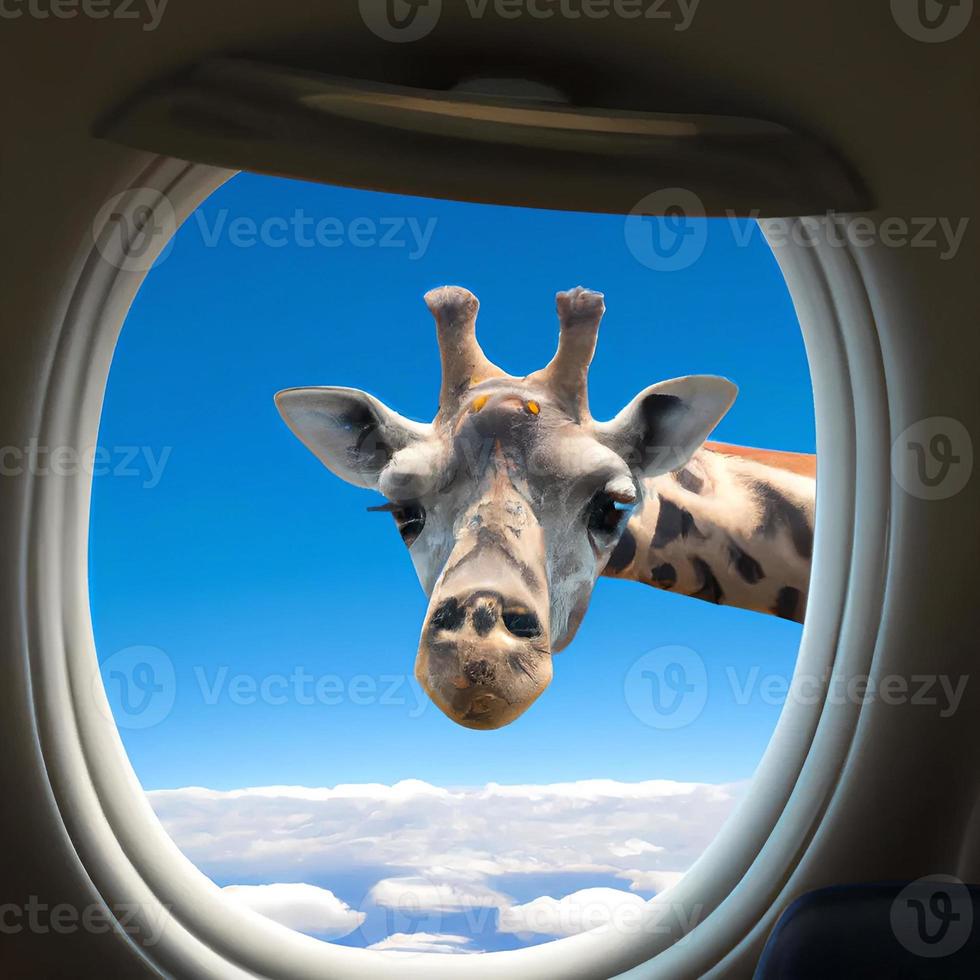 giraffe looking at you outside airplane window flying in the blue sky photo