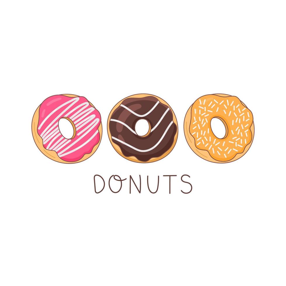 Vector illustration. A set of 3 donuts with pink, chocolate and caramel icing. Decoration for greeting cards, posters, patches, clothing prints, emblems.