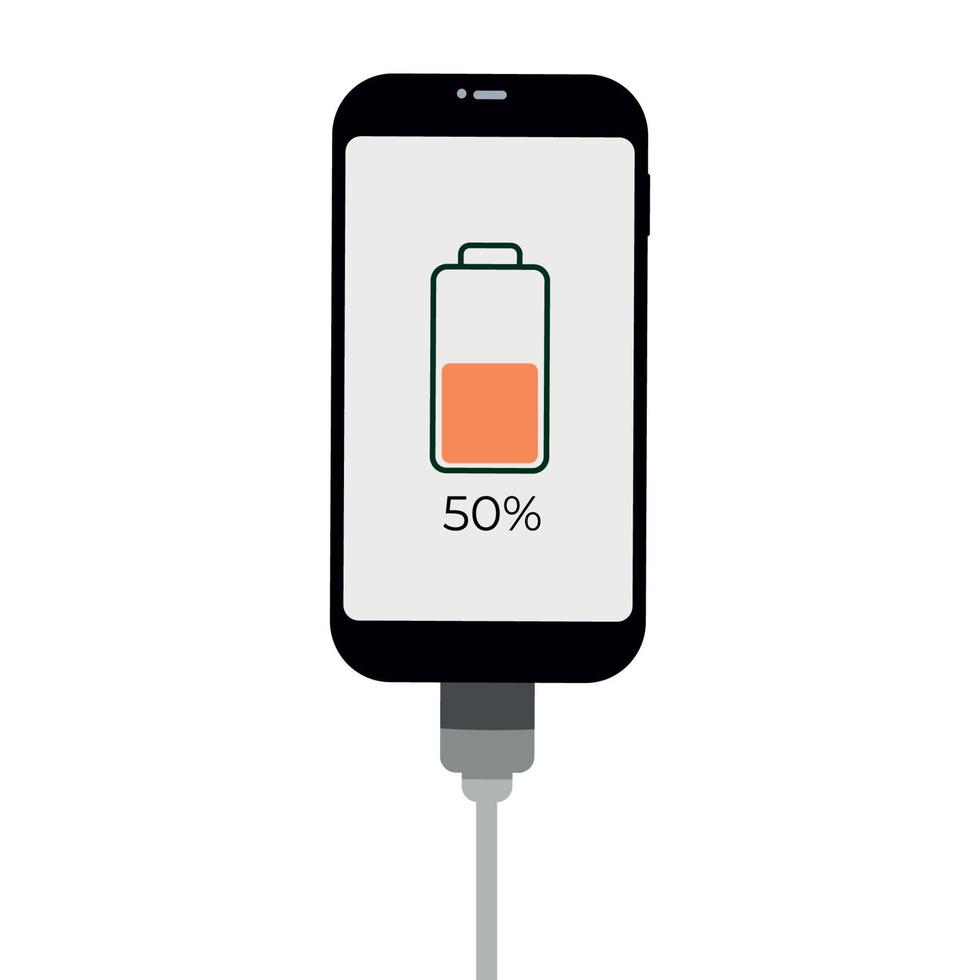 Smartphone with battery level indicator and USB connection. Vector infographic.