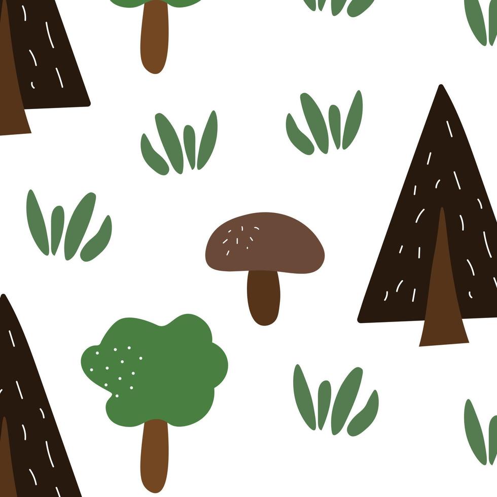 patrón de garabatos de árboles naturales en estilo de verano con setas y hierba. vector