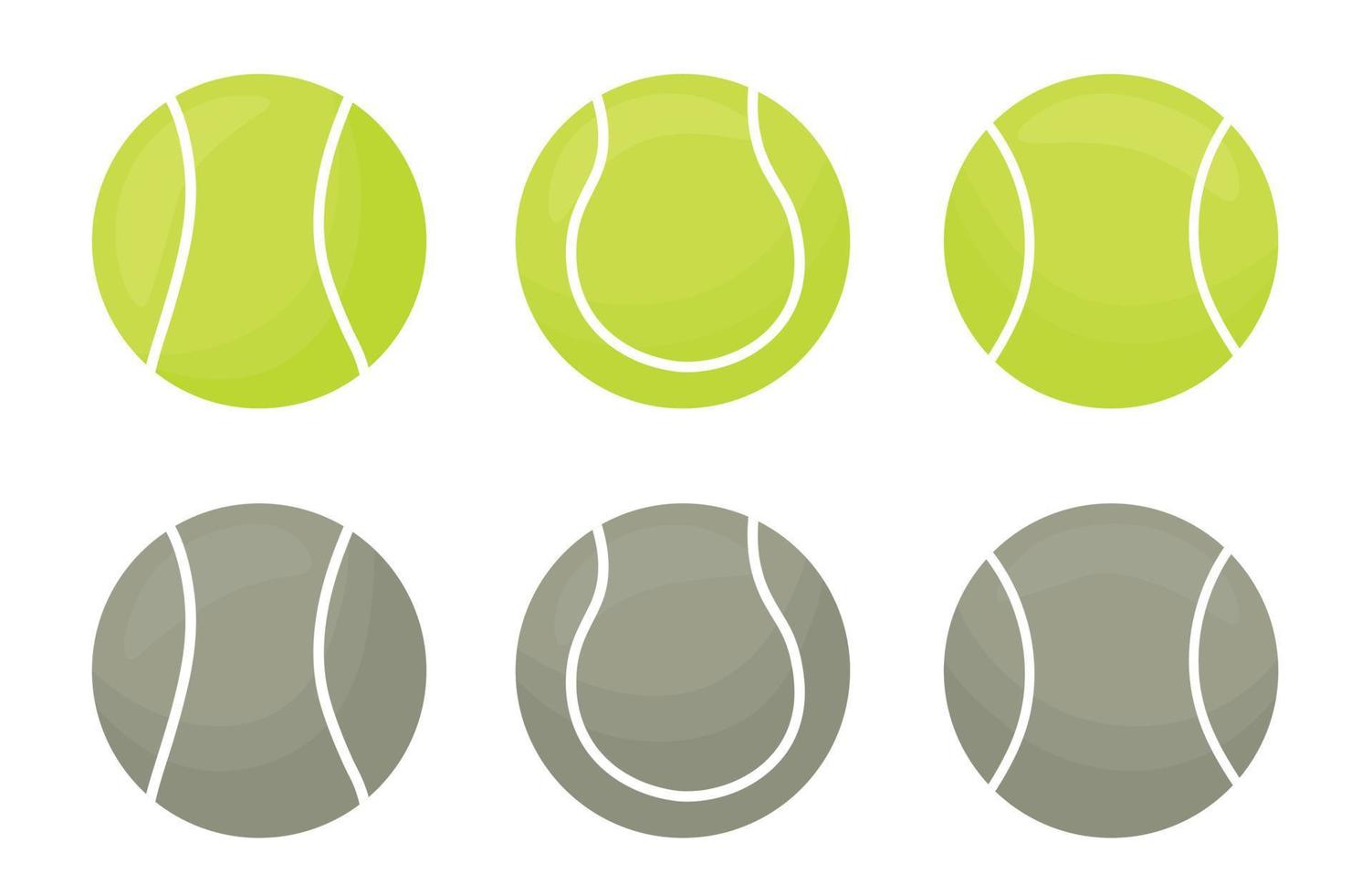 Set of green and gray tennis balls in different positions and sides illustration. vector