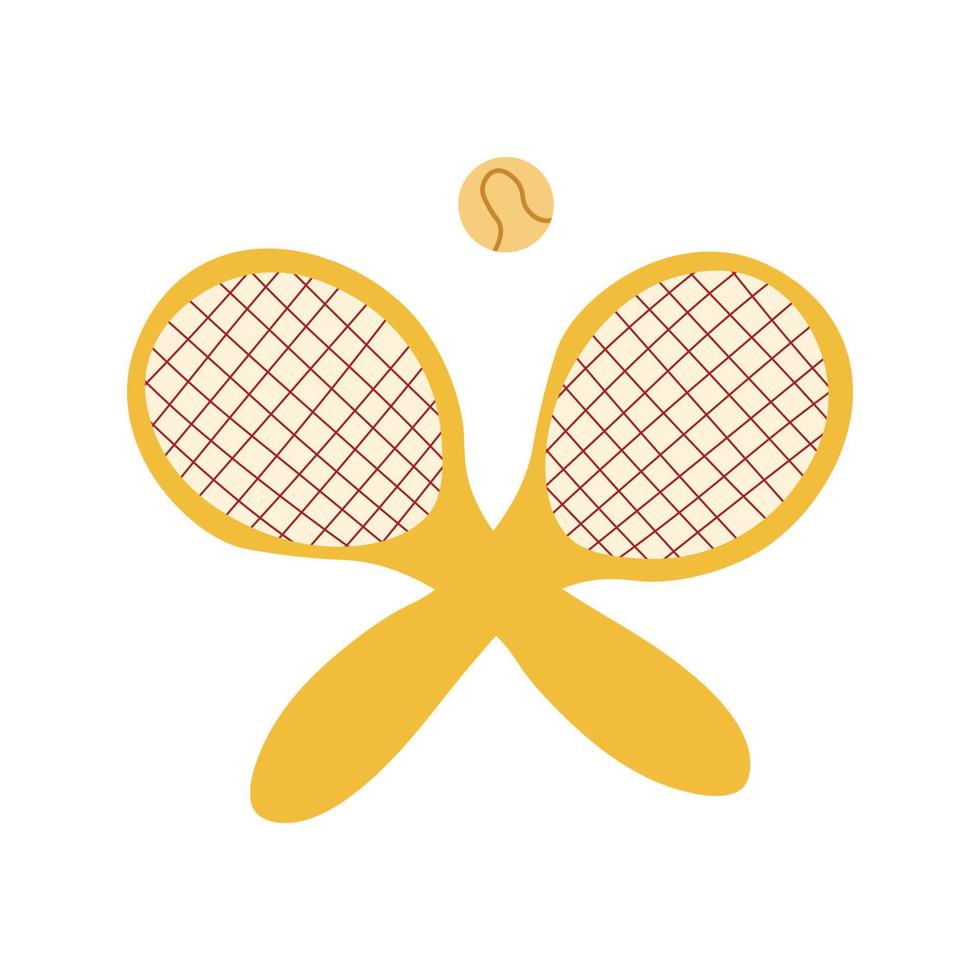 raquetas de tenis de madera cruzadas con pelota. raquetas de plástico amarillas para ocio y hobby de tenis. vector