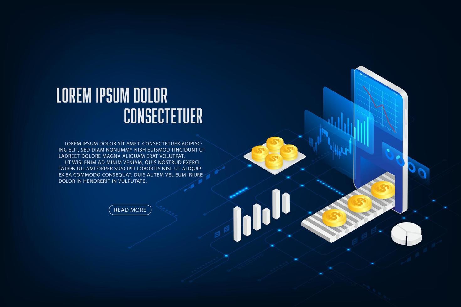 Vector finance and trading online application concept. Mobile phone and coint isometric.