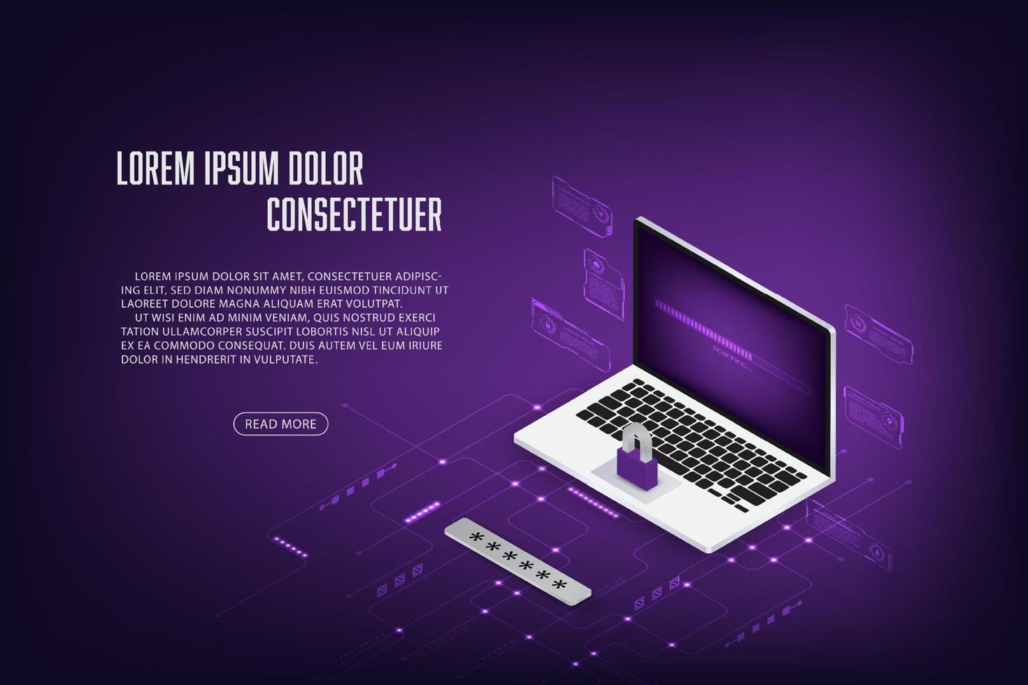 Vector isometric laptop cloud storage security with password concept Technology abstract background.