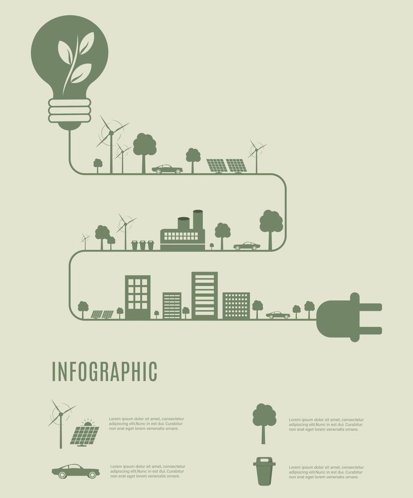 infografía del concepto de ecología. energía alternativa, ecosistema sostenible, fuentes renovables, aerogenerador, paneles solares, economía verde y reciclaje de residuos tóxicos vector