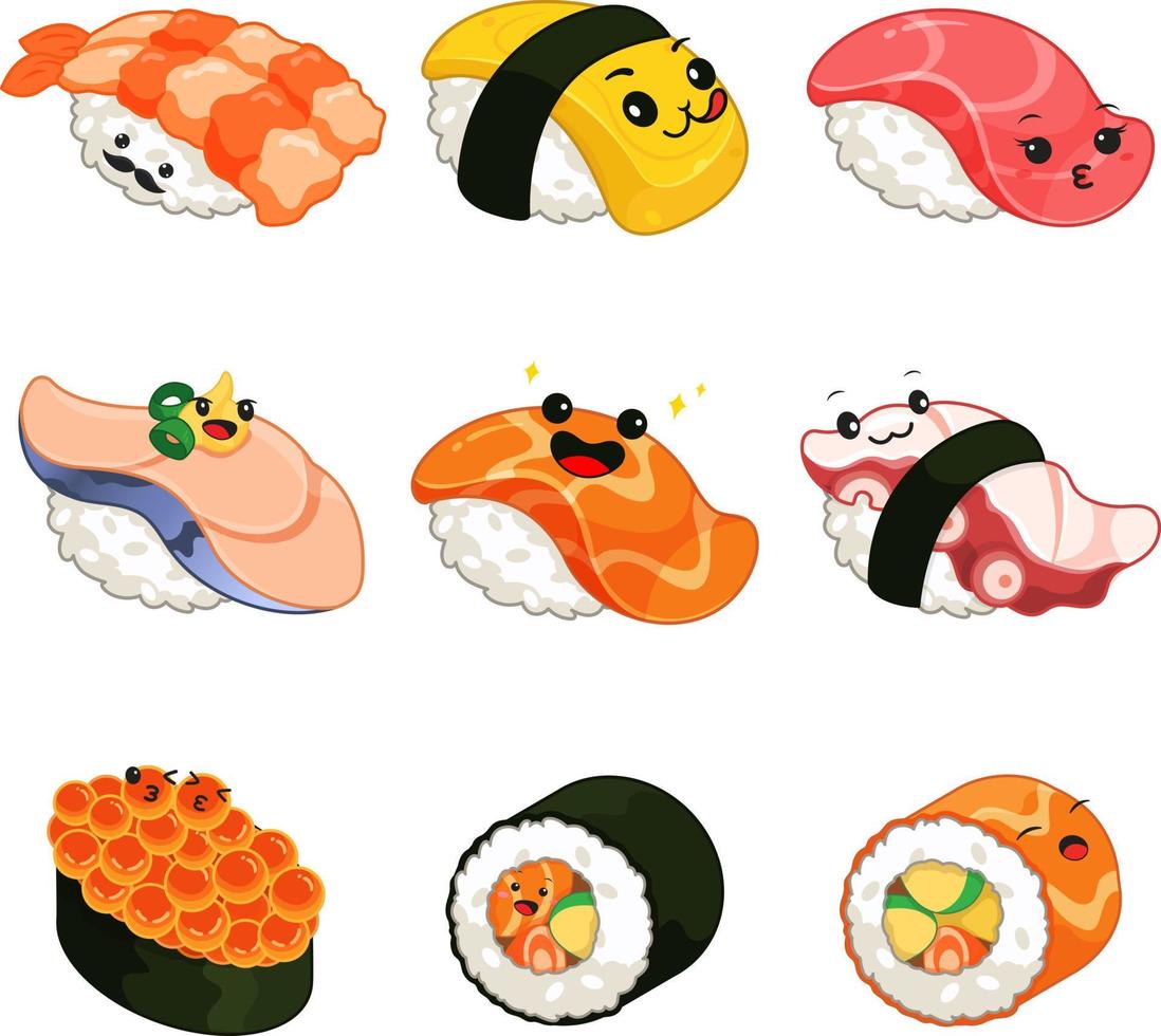 vector de ilustración de conjunto de dibujos animados de sushi japonés