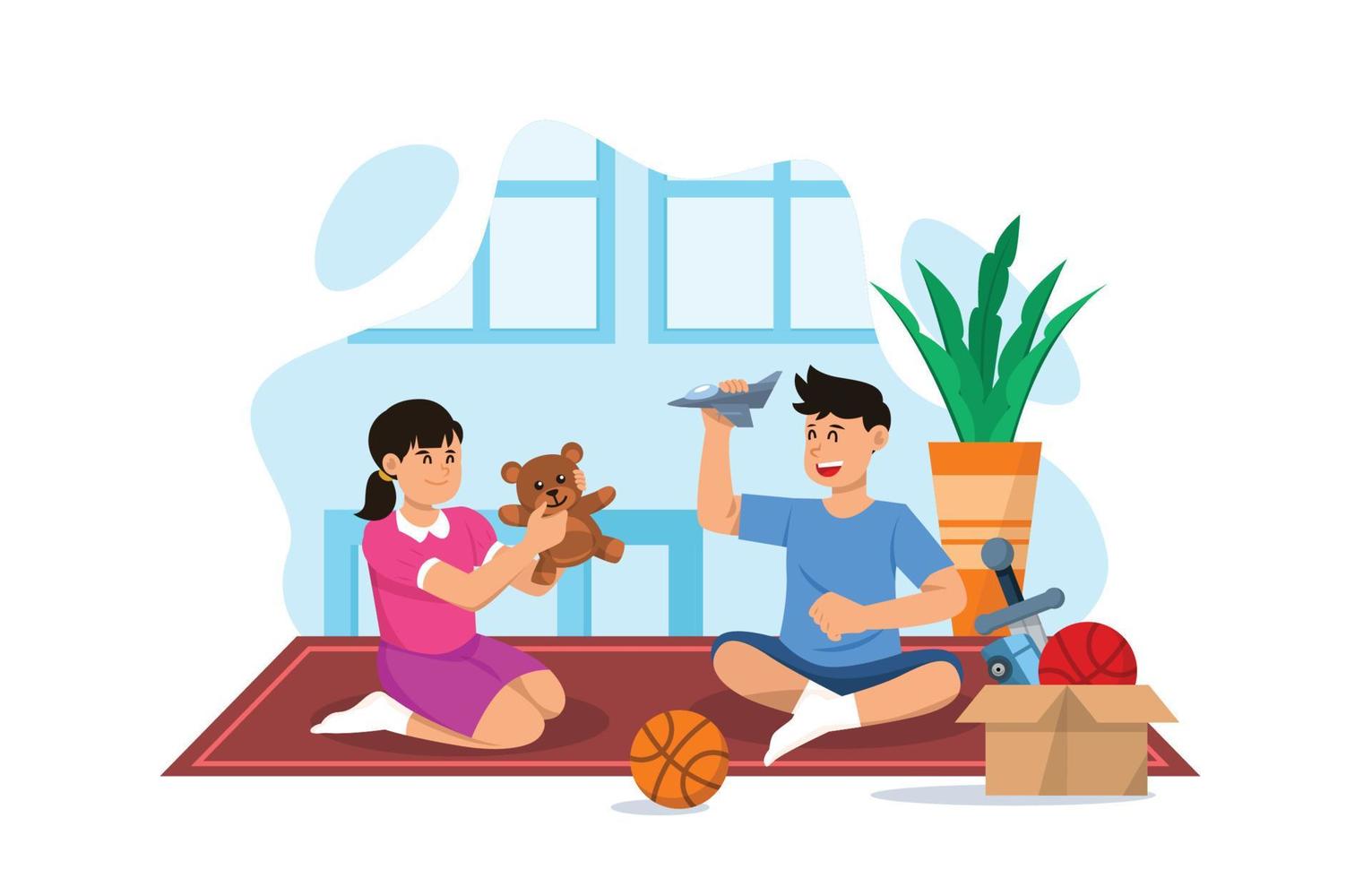 Kids Playing Toys Inside The House vector