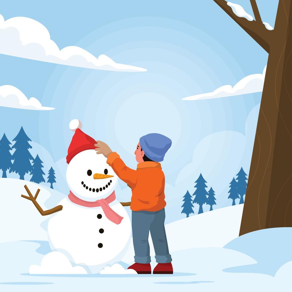 A Kid Is Putting On A Hat For Snowman Background vector