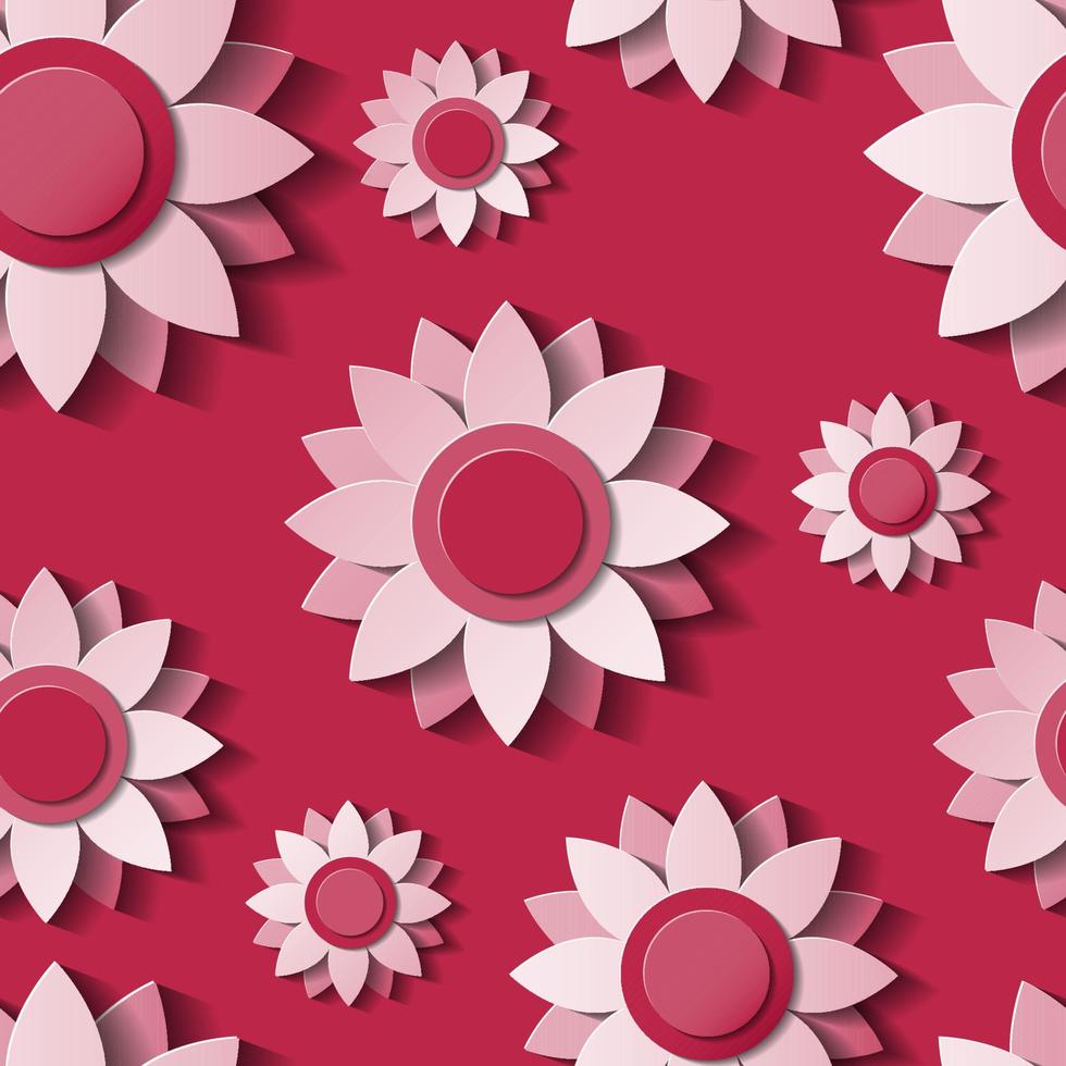 Viva Magenta floral seamless pattern. Beautiful modern background with 3d flowers in paper cut style. Spring or summer backdrop. Vector illustration.