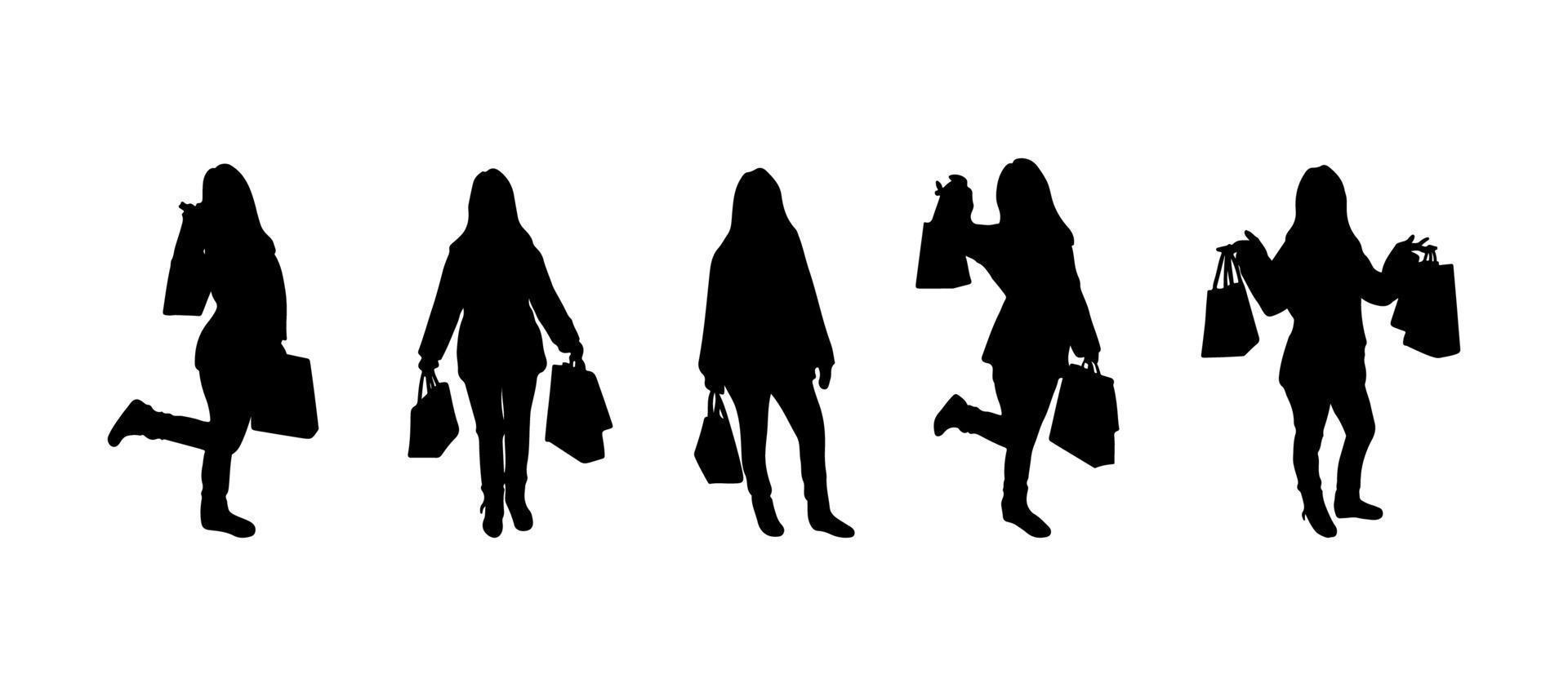 Set of silhouettes of shopping woman with bags. Black color. Variuos poses. Vector illustration. Template for banner, poster, advertising, shop logo