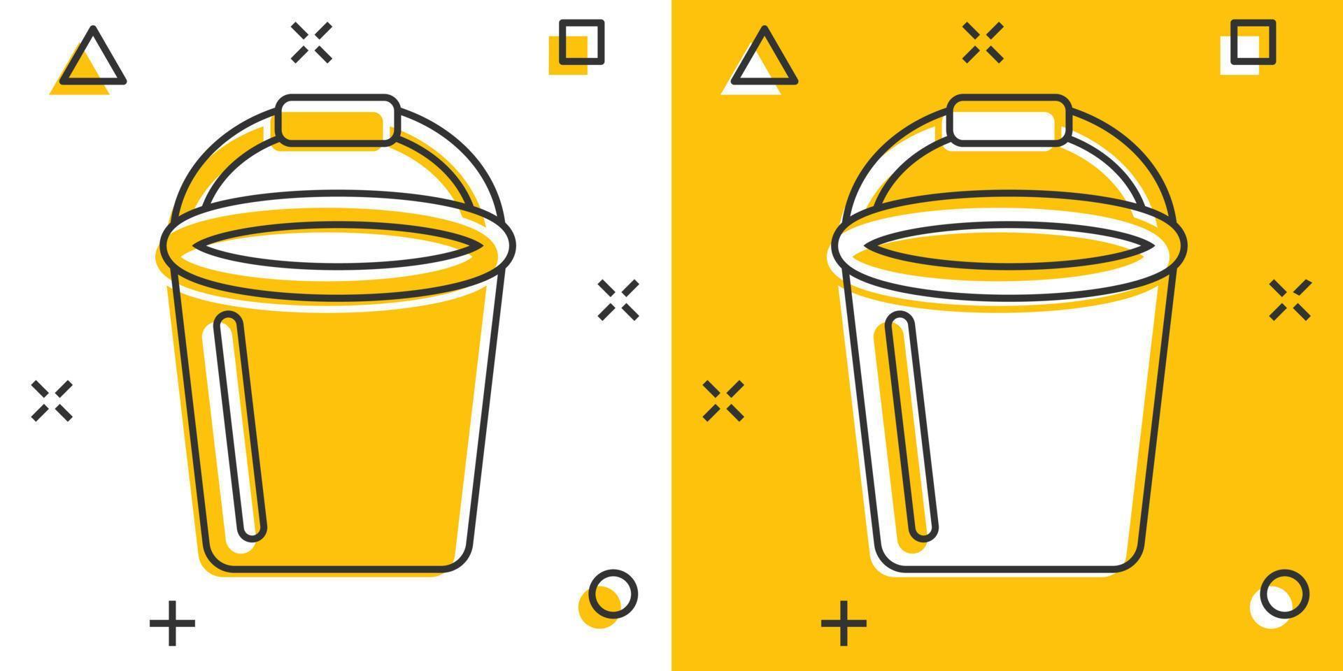 Bucket icon in comic style. Garbage pot cartoon vector illustration on white isolated background. Pail splash effect business concept.