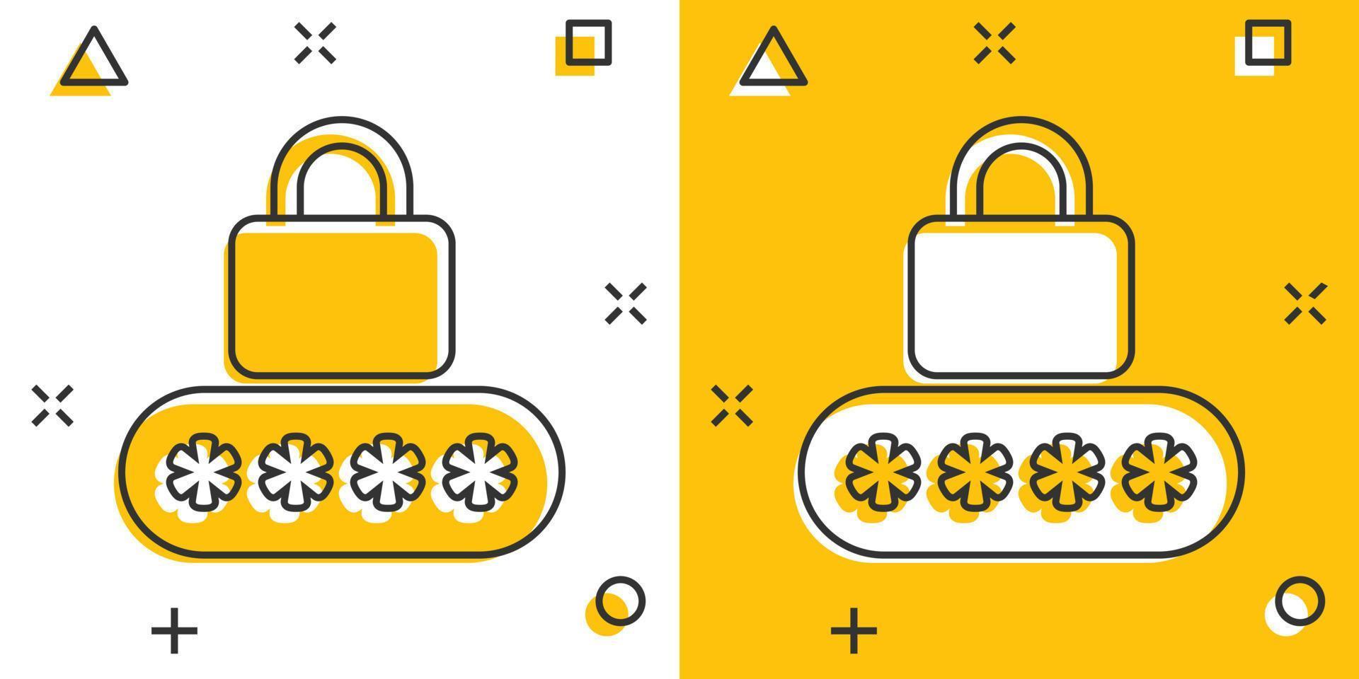 Login icon in comic style. Password access cartoon vector illustration on white isolated background. Padlock entry splash effect business concept.