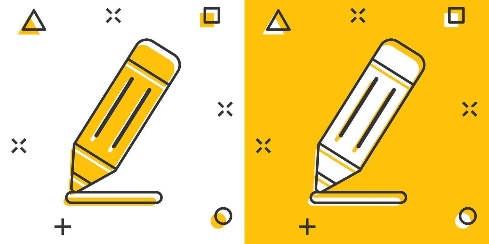 Pencil icon in comic style. Pen cartoon vector illustration on white isolated background. Drawing splash effect business concept.