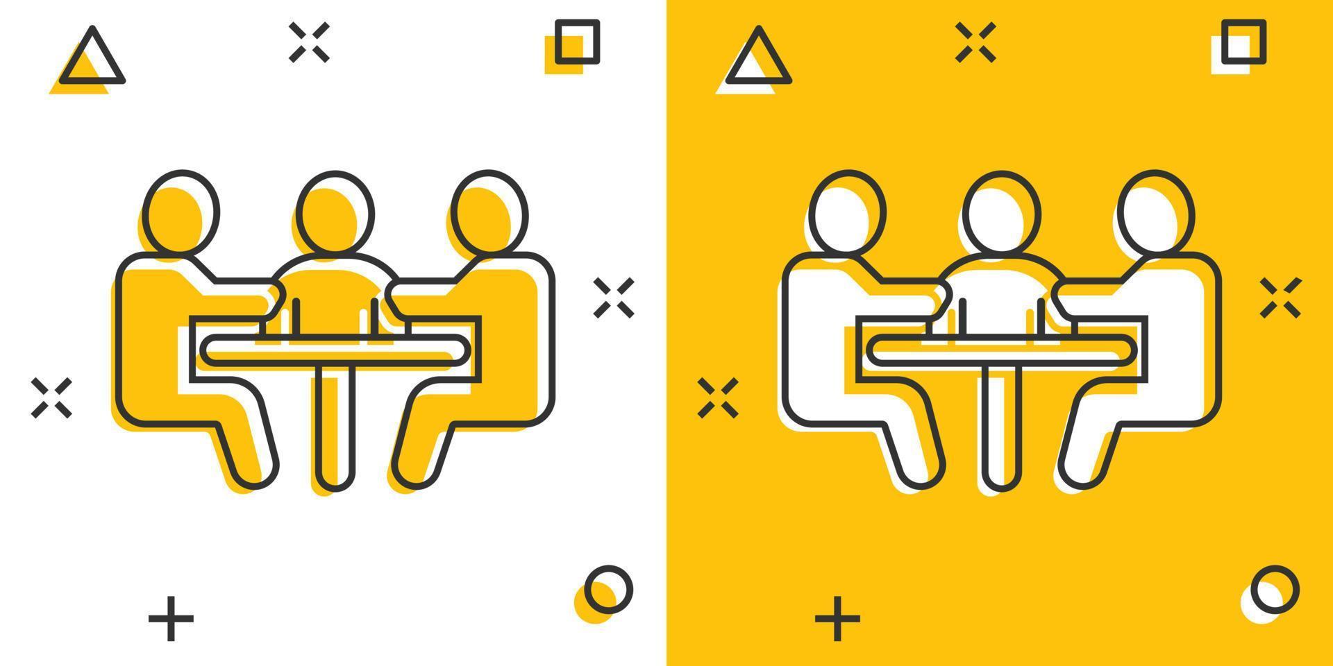 People with table icon in comic style. Teamwork conference cartoon vector illustration on white isolated background. Speaker dialog splash effect business concept.